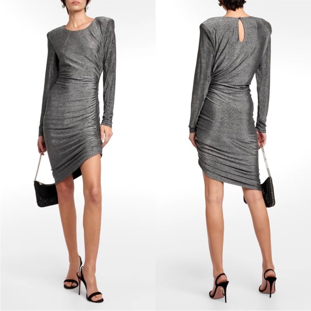 Veronica Beard Cyrus Metallic Long Sleeve Ruched Mini Dress Gunmetal Size XS NEW